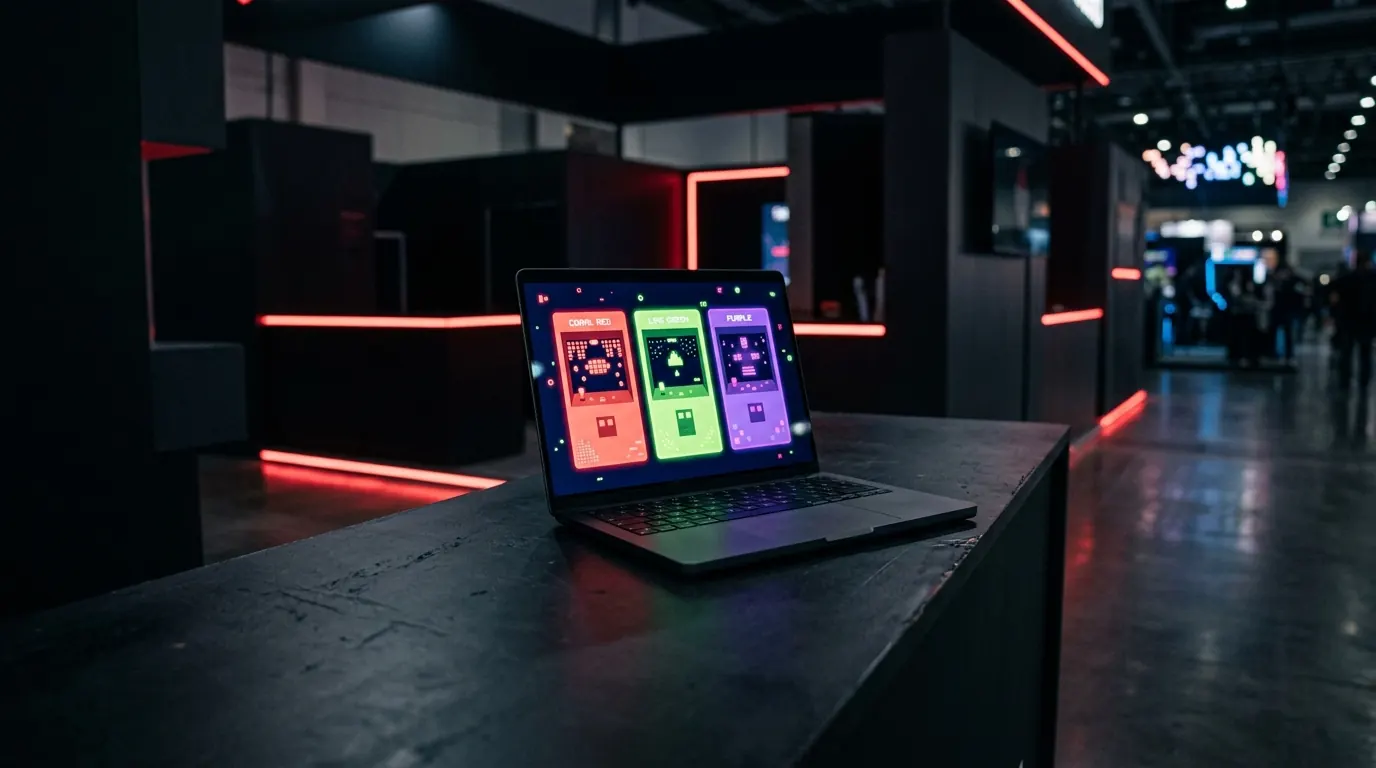 The game running on a screen at the stand
